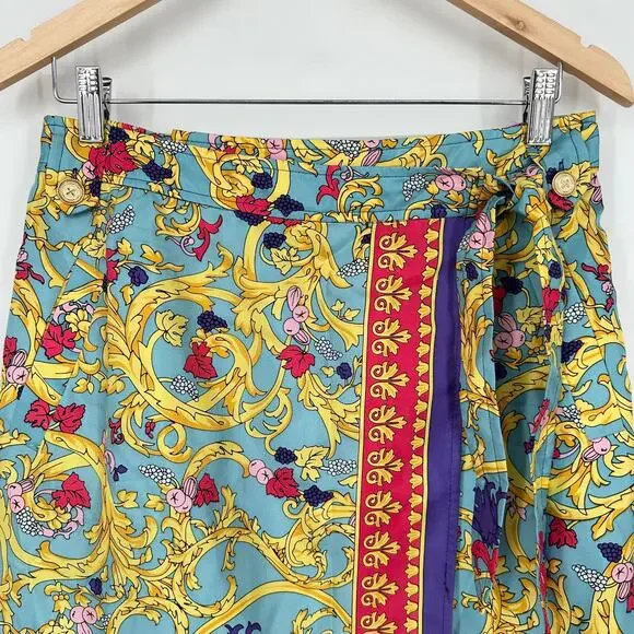 Vintage 90's Silk Mini Skirt Floral Baroque Scarf Print Satin Wrap Sara Campbell - Picture 2 of 10